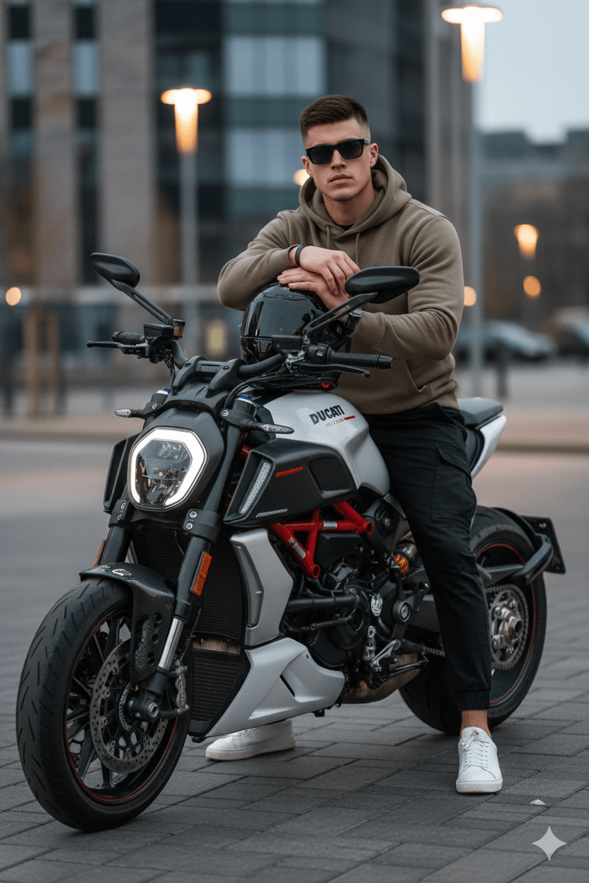 Man sits on motorcycle
