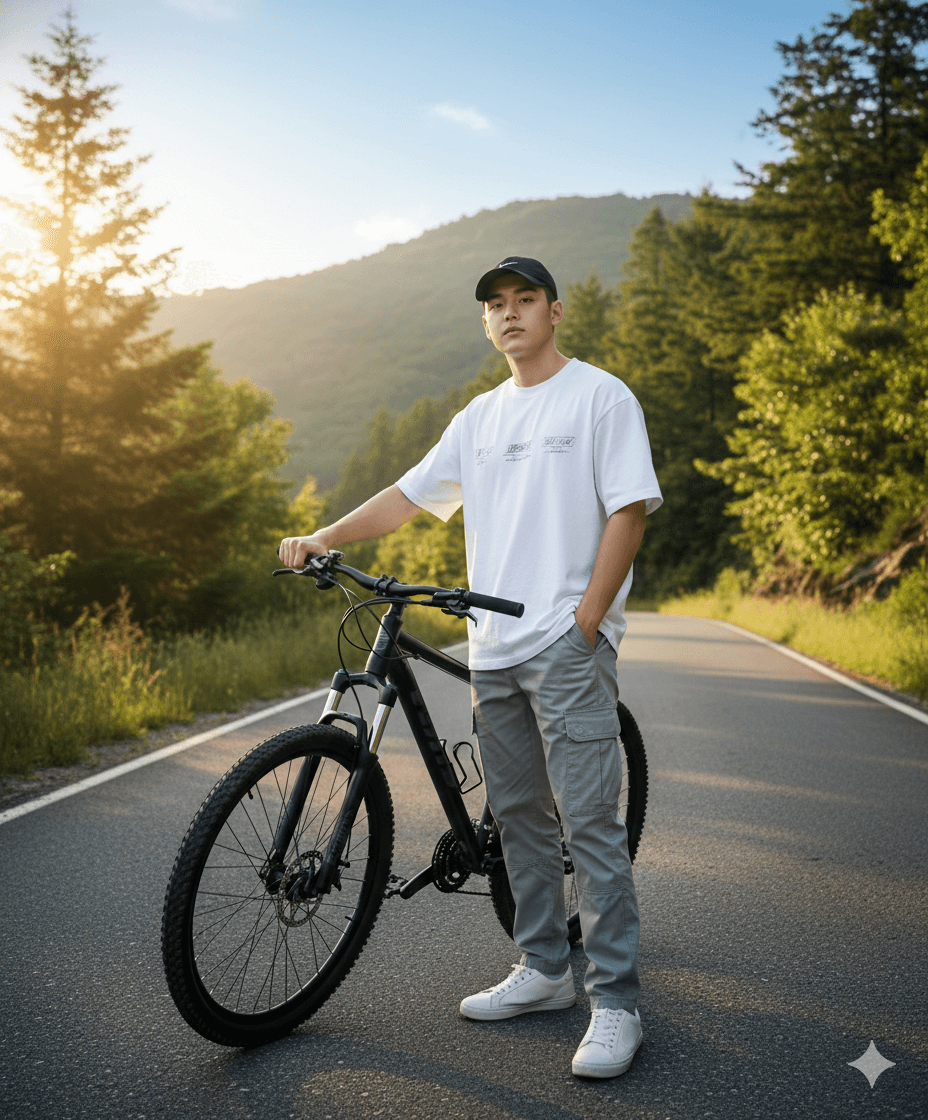 Biker on mountain road