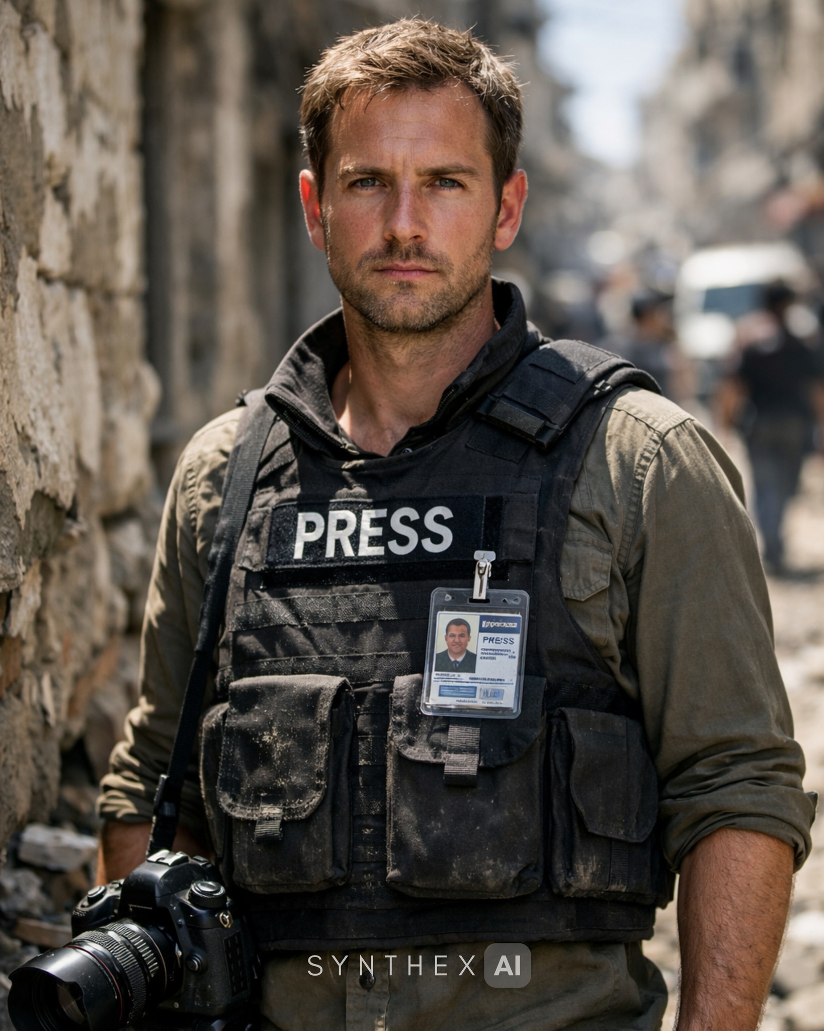 The subject wears a worn tactical press