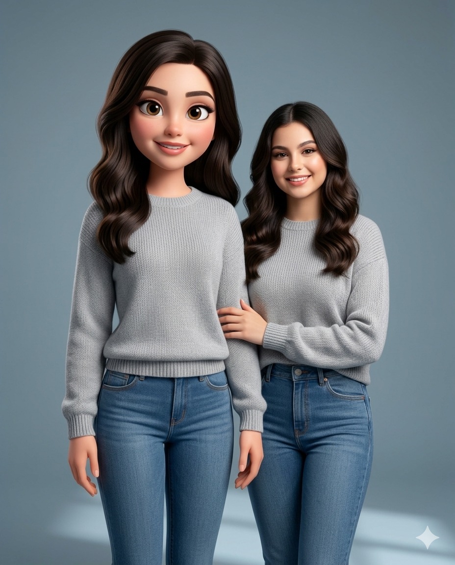Hyper-realistic photo featuring a real human and a giant Pixar-style